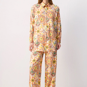 Boho Tile Print Shirt & Wide-Leg Pants Set