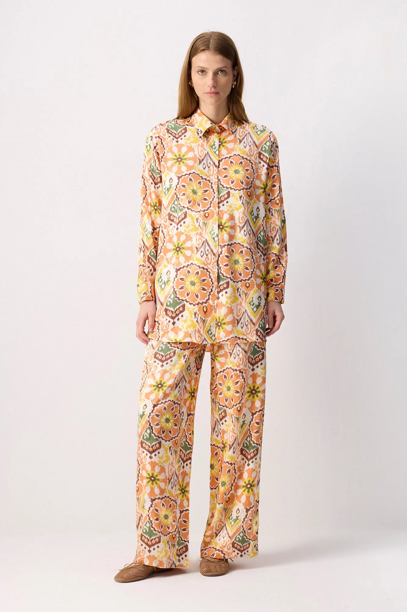 Boho Tile Print Shirt & Wide-Leg Pants Set