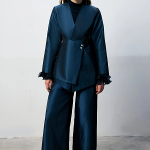 Asymmetric Jacket & Wide-Leg Pants Set with Button Detail
