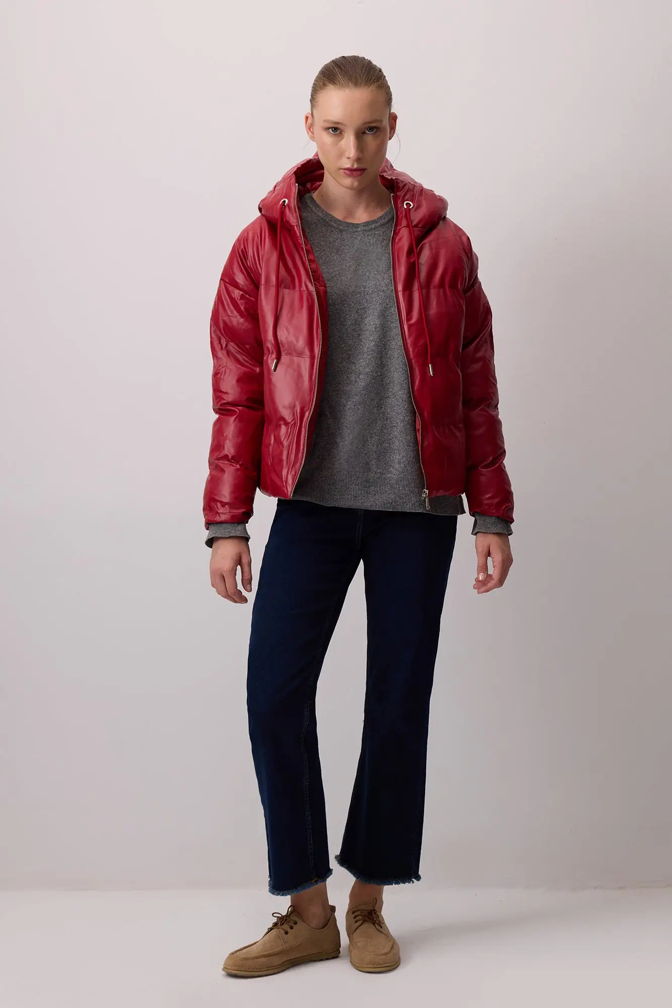 Hooded Vegan Leather Puffer Jacket