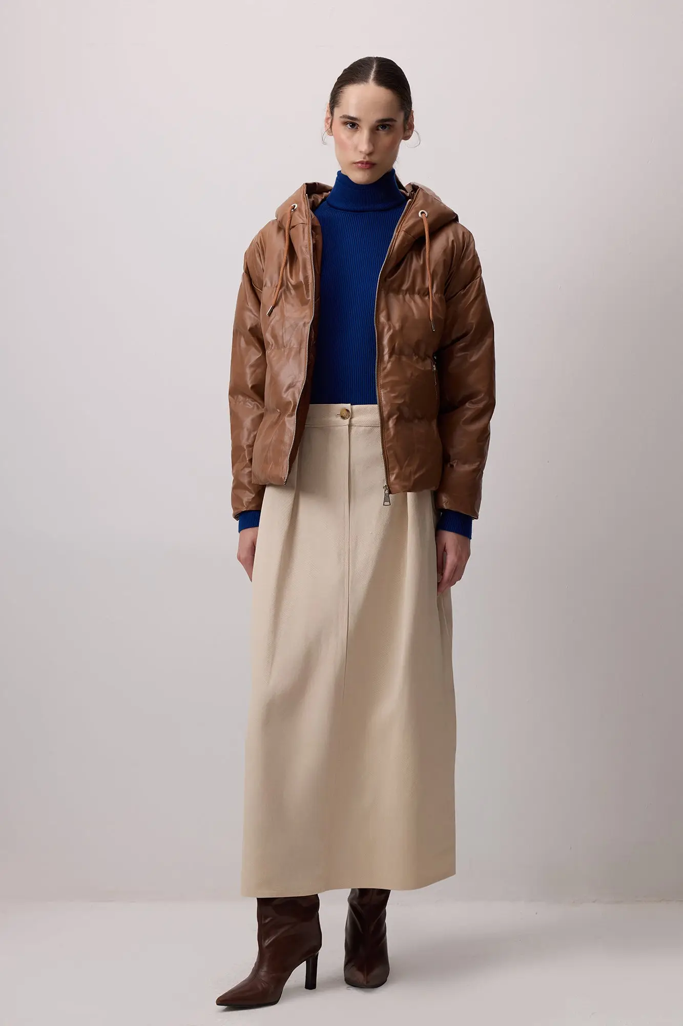 Hooded Vegan Leather Puffer Jacket