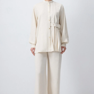 Pleated Shirt & Wide-Leg Pants Set – Cotton Blend