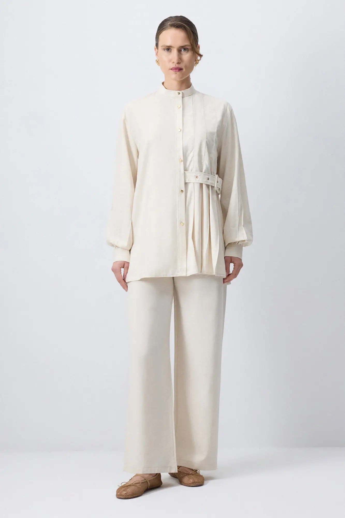 Pleated Shirt & Wide-Leg Pants Set – Cotton Blend