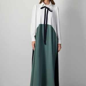 Crepe Tie Neck Maxi Dress – Modest Colorblock Elegance