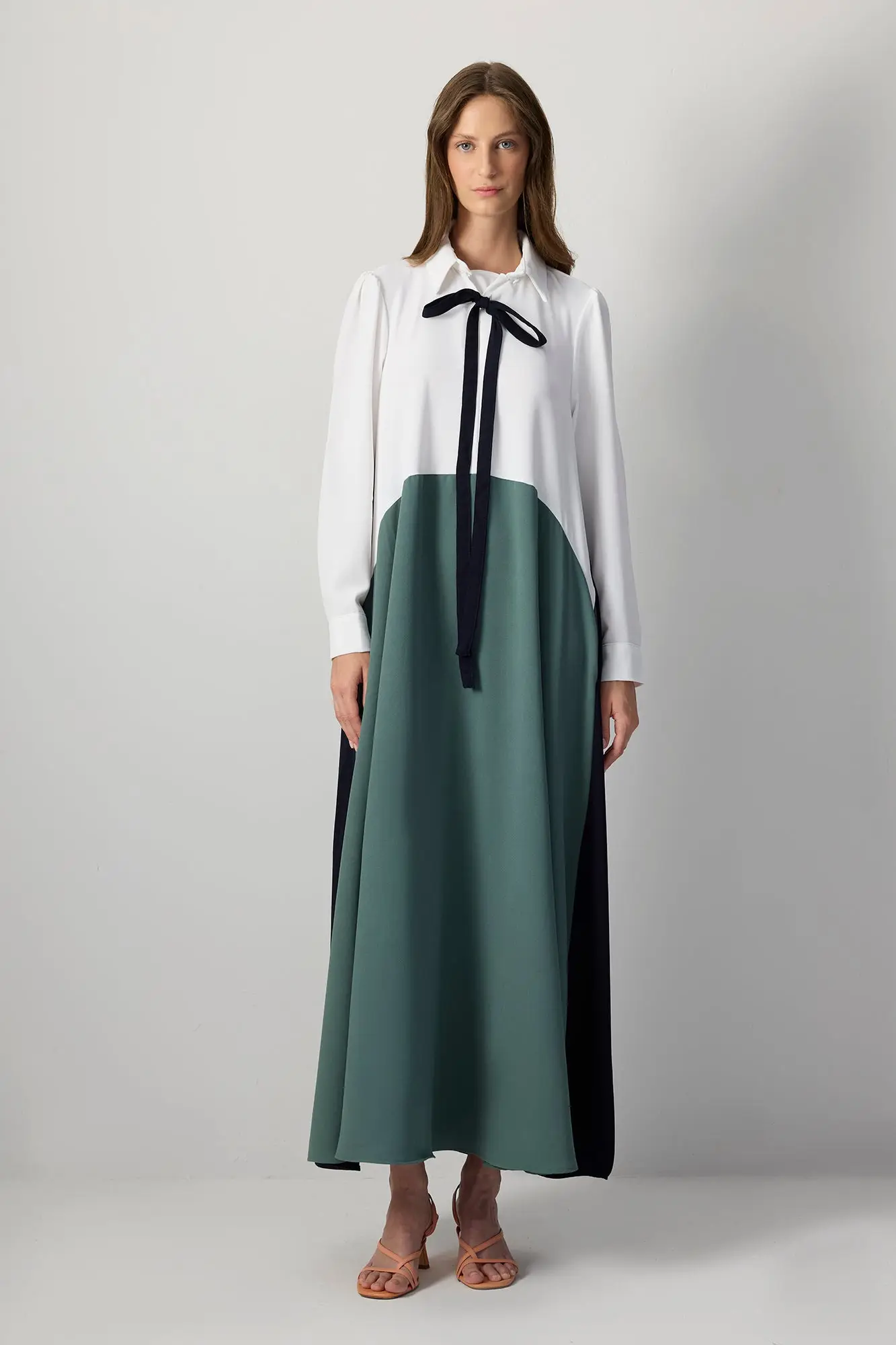 Crepe Tie Neck Maxi Dress – Modest Colorblock Elegance