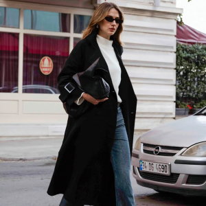 Belted Oversize Black Trench Coat with Buckle Detail