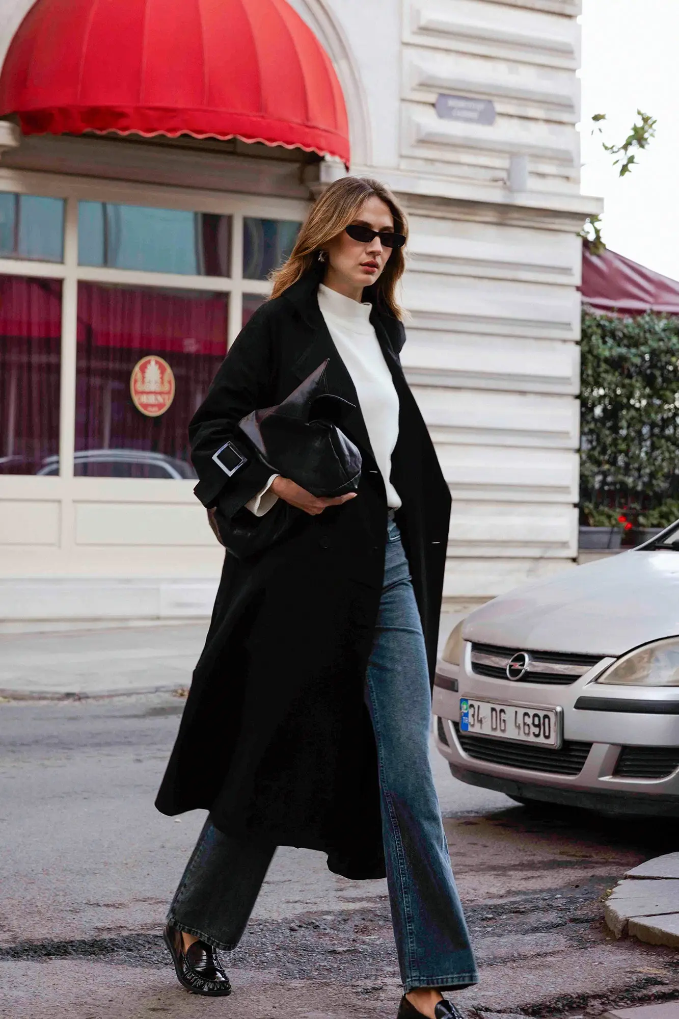 Belted Oversize Black Trench Coat with Buckle Detail