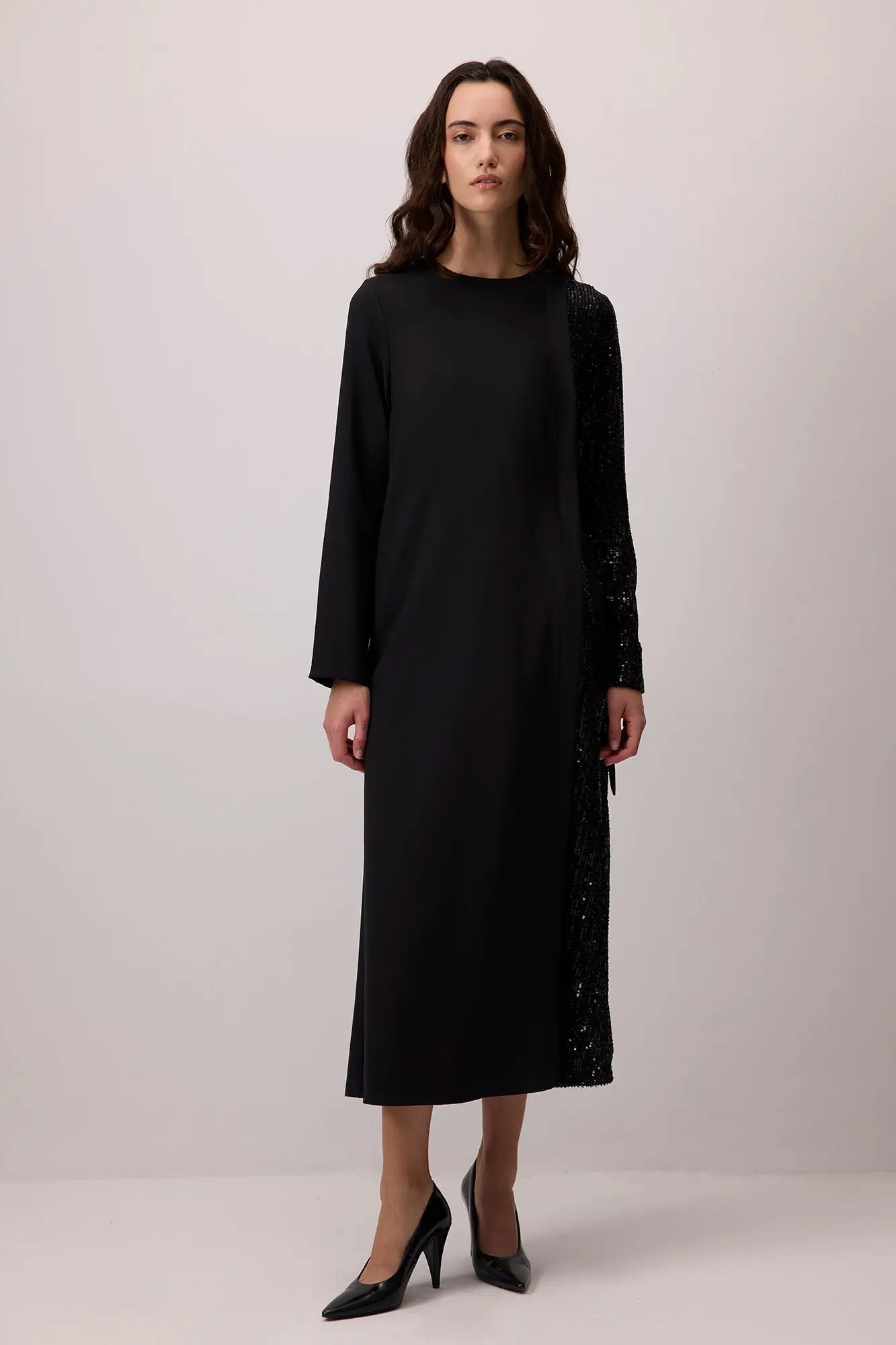 Black Sequin Contrast Crepe Maxi Dress