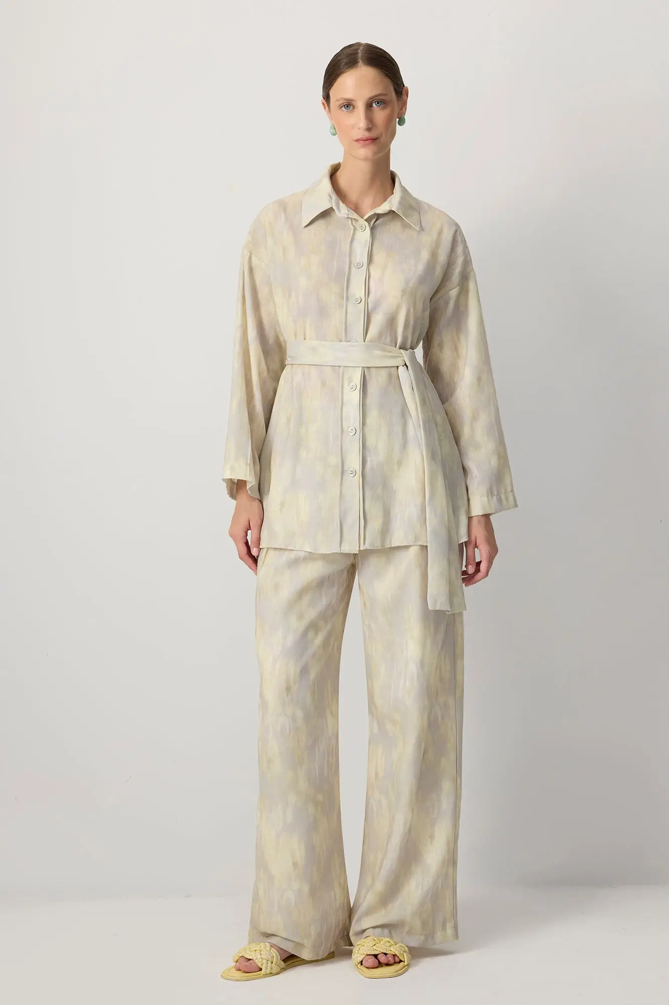 Ikat Belted Shirt & Wide-Leg Pants Set
