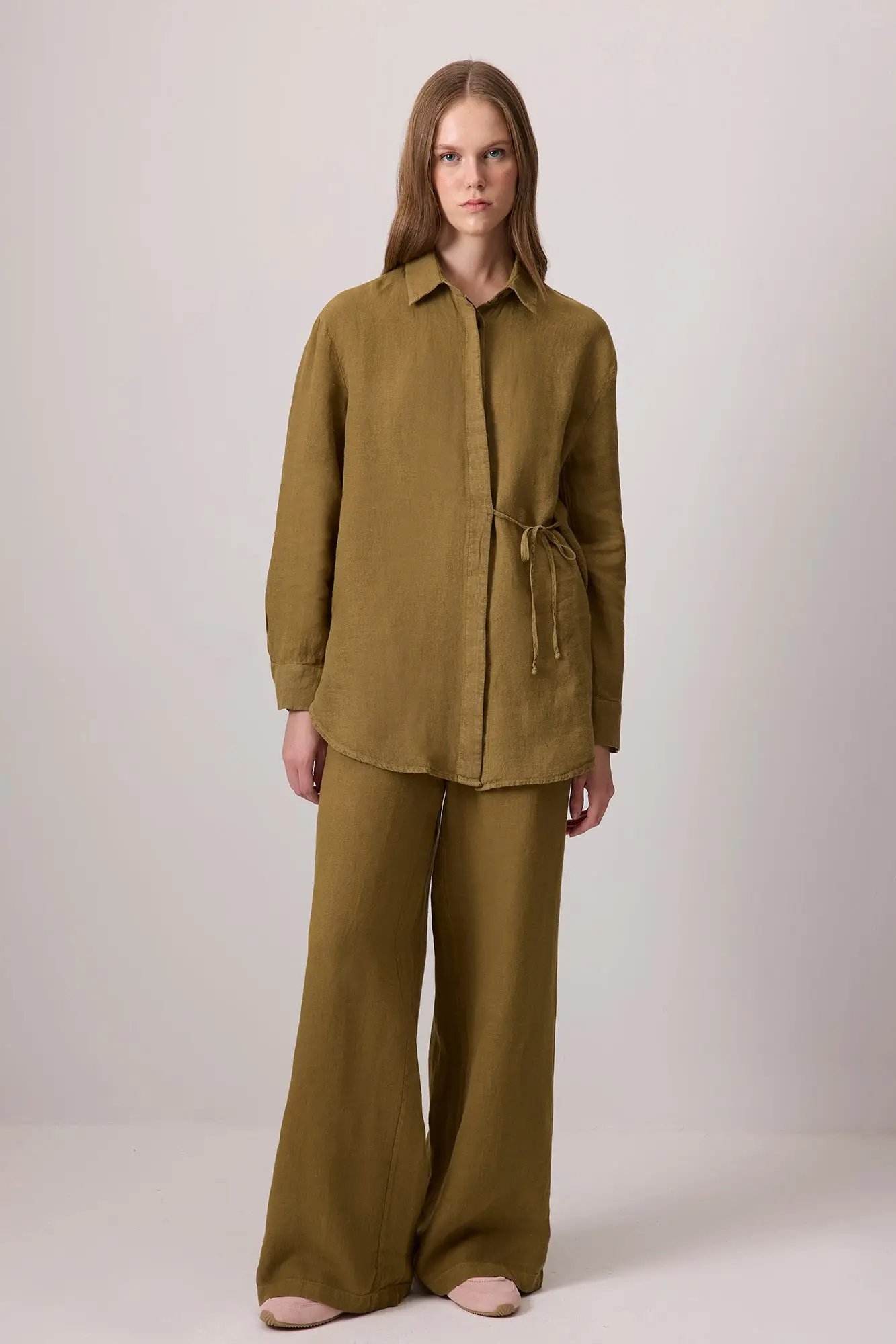 Linen Tie-Waist Shirt & Wide-Leg Pants Set