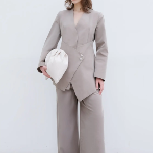 Asymmetric Blazer & Wide-Leg Pants Set with Crystal Button D