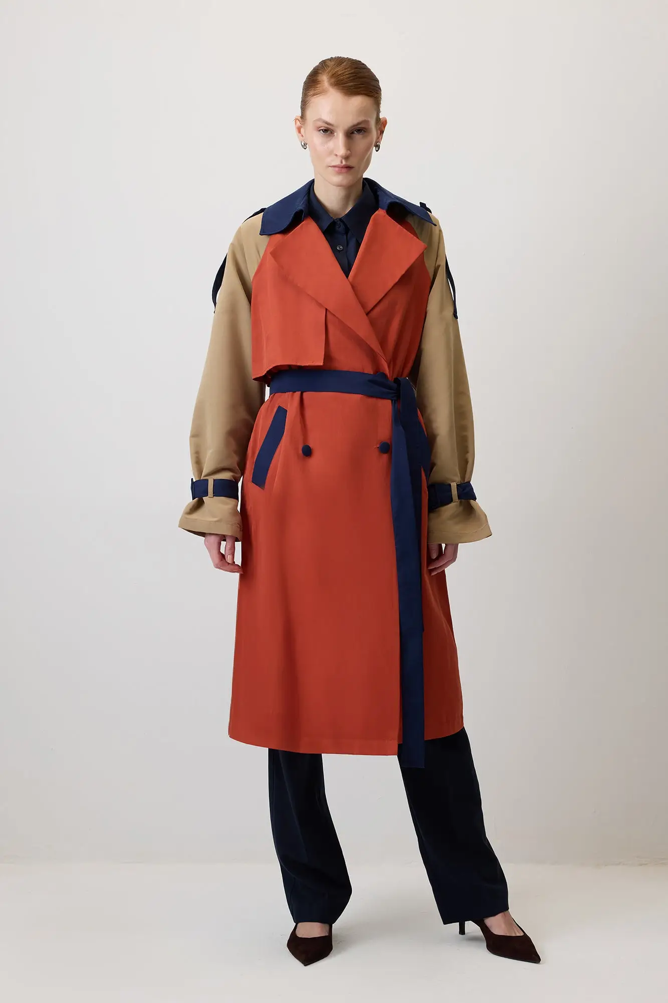 Color Blocked Belted Trench Coat – Cotton Blend