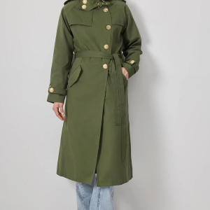 Belted Cotton Trench Coat with Gold Button Detail