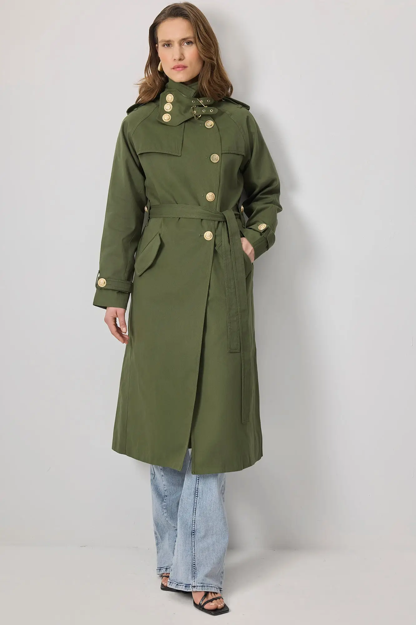 Belted Cotton Trench Coat with Gold Button Detail