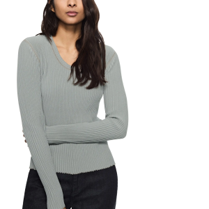 Ribbed Contrast-Stitch Crewneck Sweater (Misty Blue)