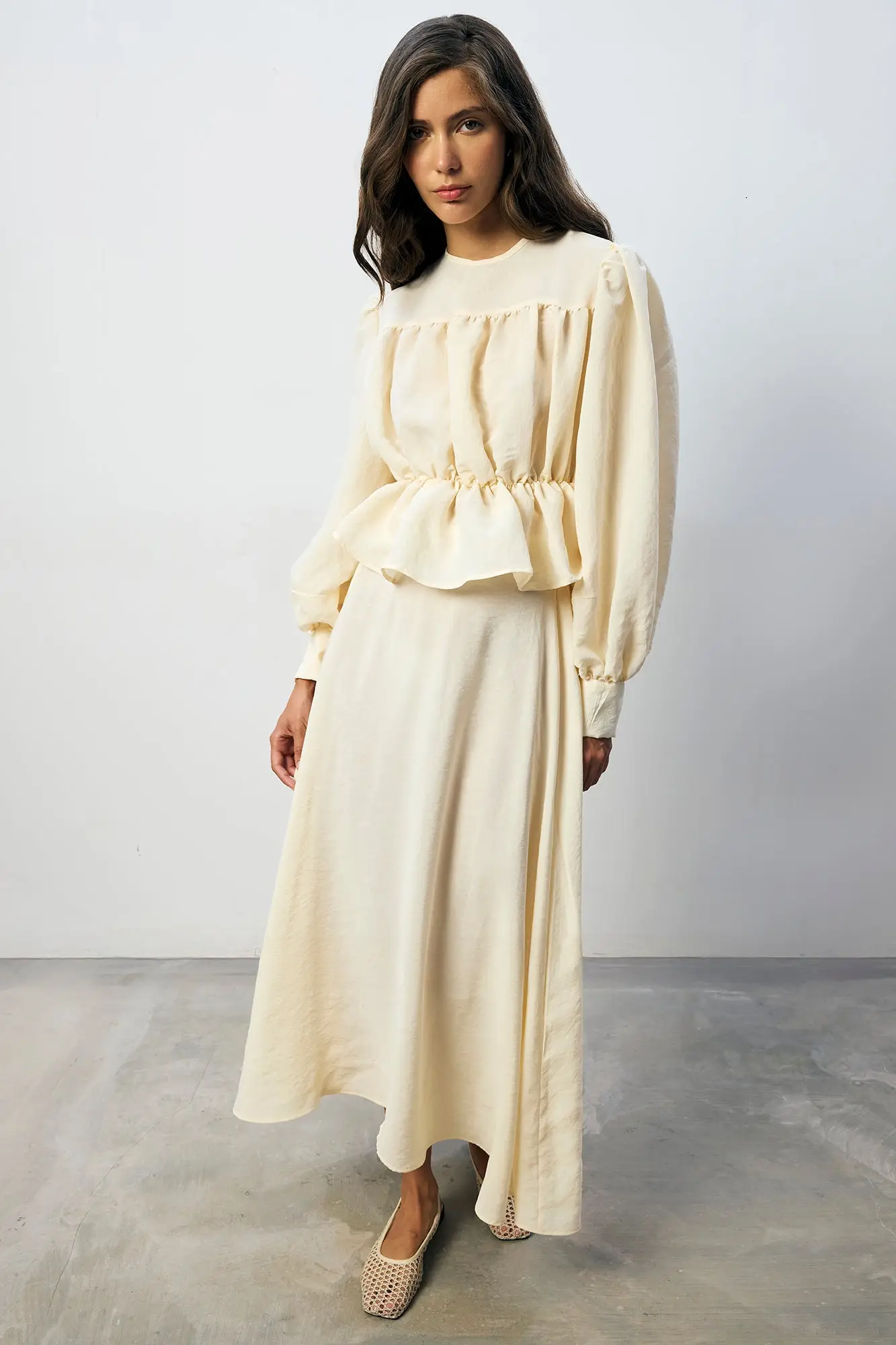 Cream Peplum Blouse & Maxi Skirt Co-Ord Set