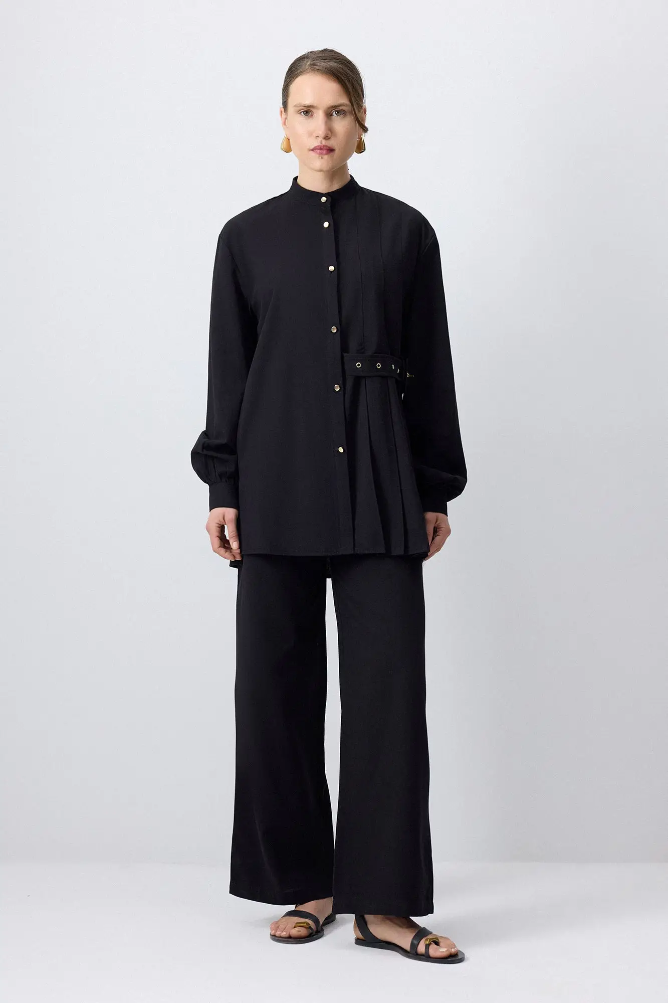 Pleated Shirt & Wide-Leg Pants Set – Cotton Blend