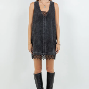 Denim Washed Contrast Lace Insert Shift Dress – Black