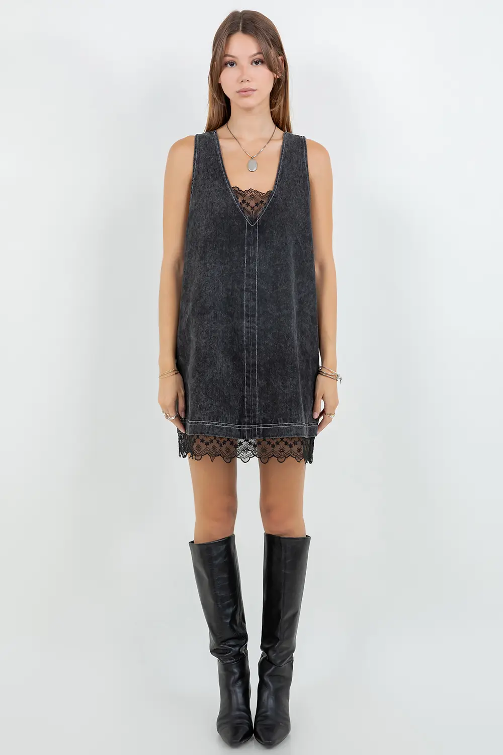 Denim Washed Contrast Lace Insert Shift Dress – Black