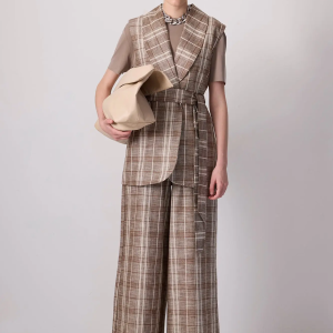 Plaid Linen Belted Vest & Wide-Leg Pants Suit