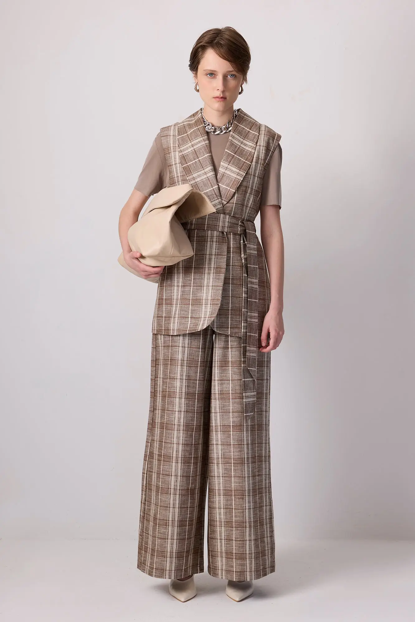 Plaid Linen Belted Vest & Wide-Leg Pants Suit
