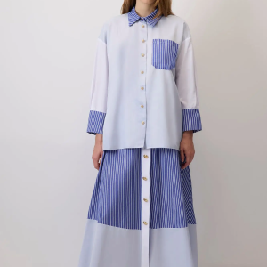 Contrast Stitched Shirt Skirt Set