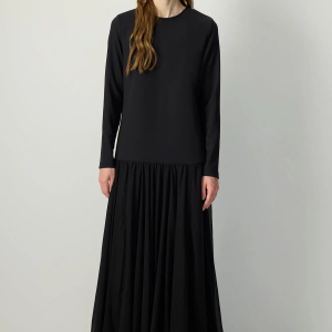 Long Sleeve Pleated Chiffon Maxi Dress