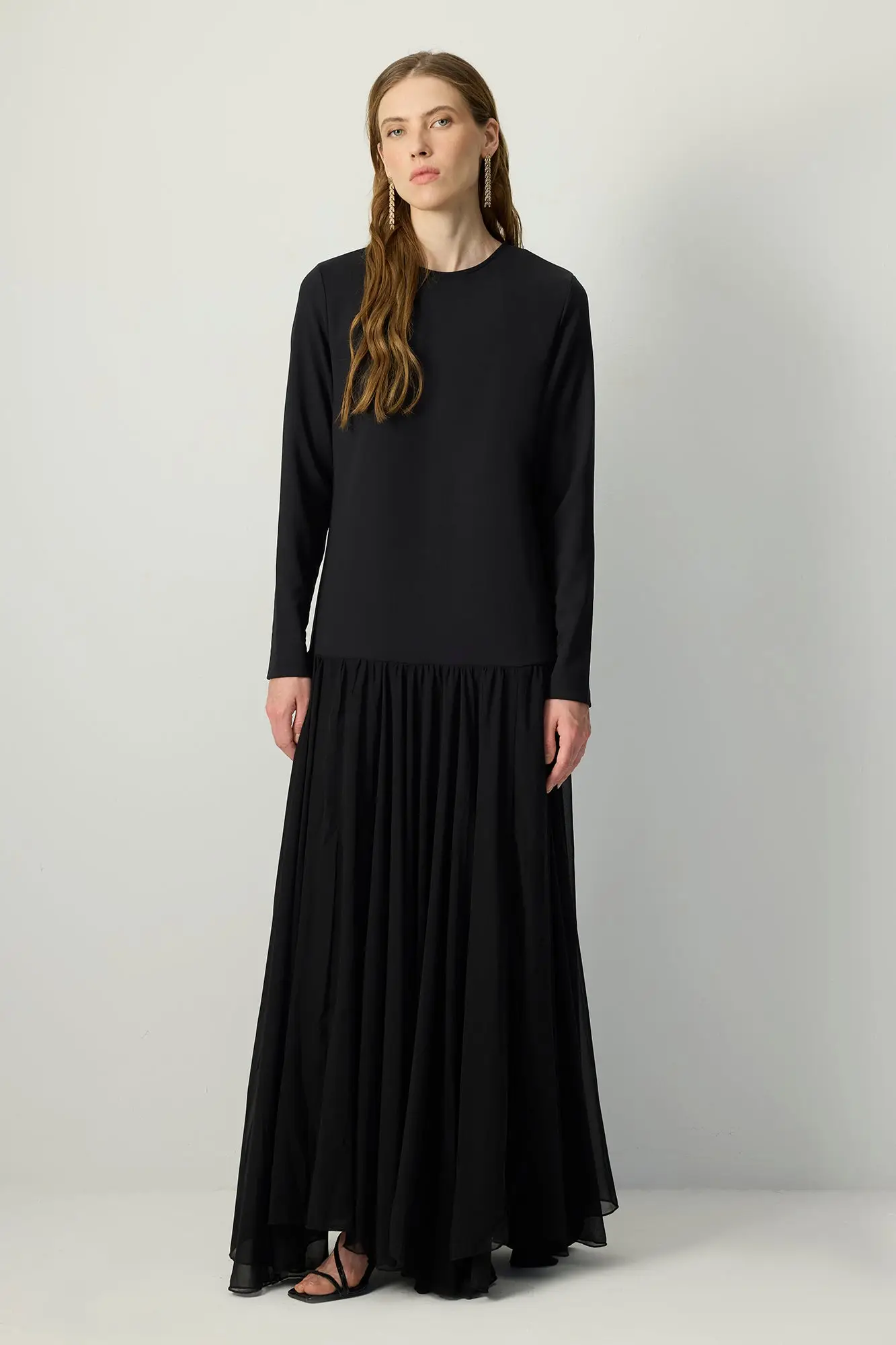 Long Sleeve Pleated Chiffon Maxi Dress