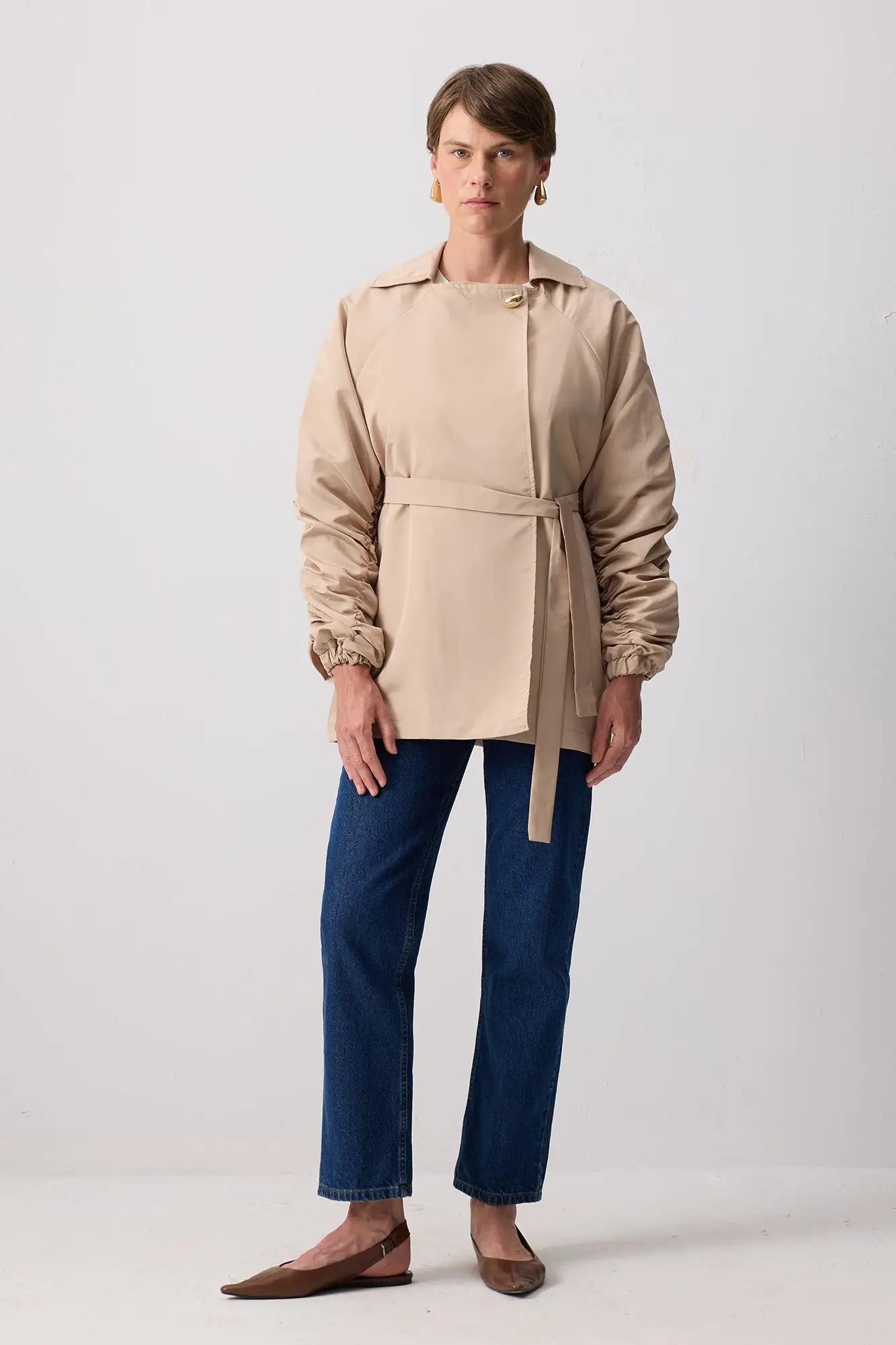 Gathered Sleeve Belted Utility Jacket – Cotton Blend