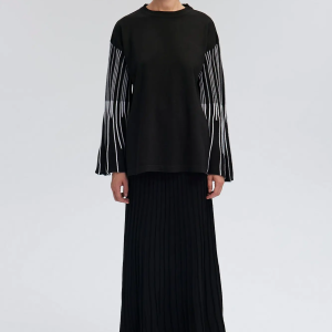 Black Striped Sleeve Knitwear Tunic & Pleated Skirt Set