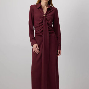 Maxi Shirt Dress with Brooch & Draped Detail – Viscose Blend