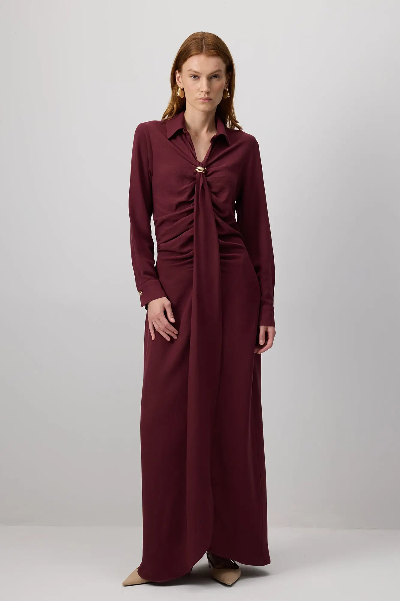 Maxi Shirt Dress with Brooch & Draped Detail – Viscose Blend