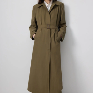 Longline Belted Olive Green Trench Coat – Cotton Blend