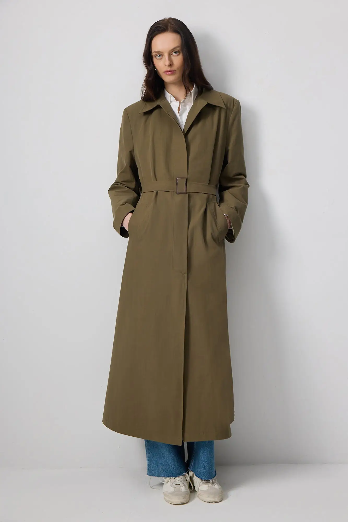 Longline Belted Olive Green Trench Coat – Cotton Blend