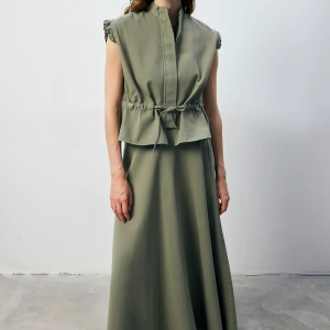 Pleated Shoulder Vest & A-Line Skirt Modest Set in Cotton