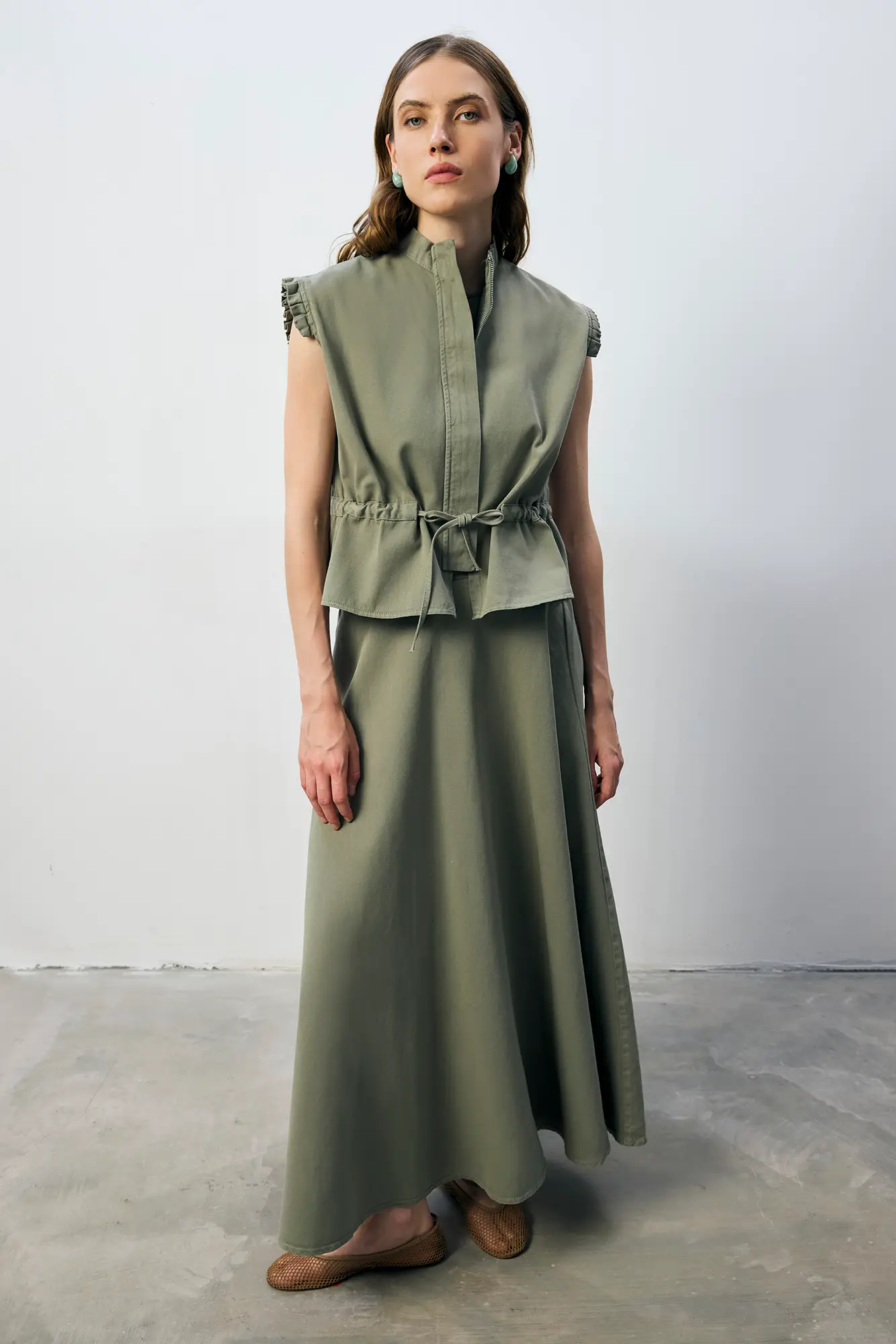 Pleated Shoulder Vest & A-Line Skirt Modest Set in Cotton