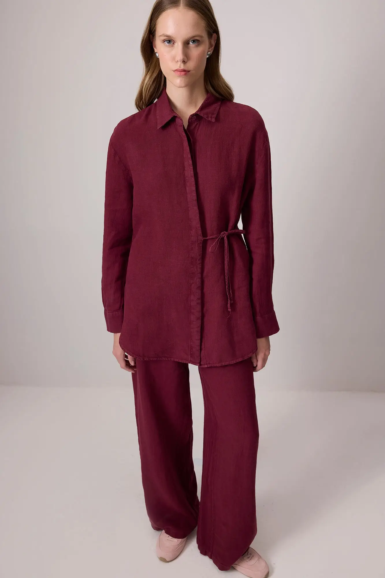 Linen Tie-Waist Shirt & Wide-Leg Pants Set